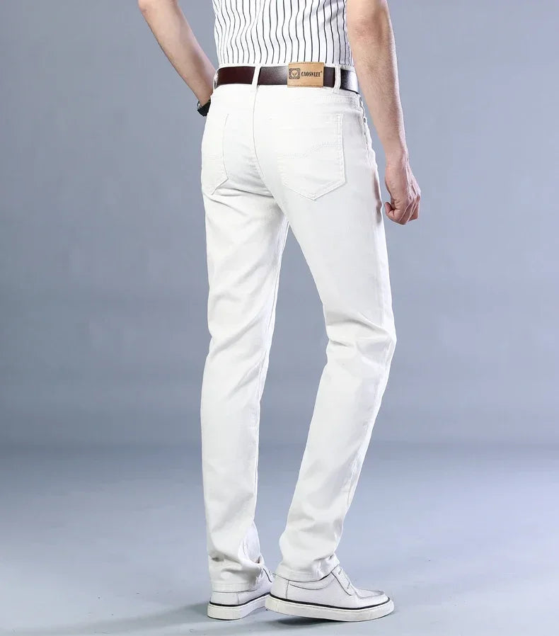 Men's Jeans Pure White Fashion Elastic Slim Youth Slimming Straight Leg Male Pants Business Casual Middle Age High End Trousers - You Offer