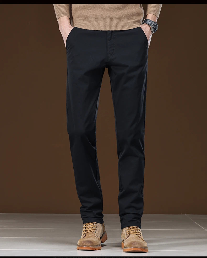 Winter Fleece Men's Casual Pants Business Straight Thick Warmth Fashion Velvet Trousers Classic Solid Color Slim Plush Pants