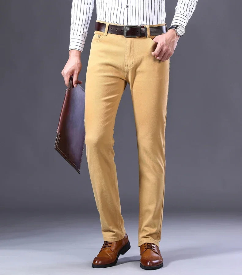 Men's Jeans Pure White Fashion Elastic Slim Youth Slimming Straight Leg Male Pants Business Casual Middle Age High End Trousers - You Offer
