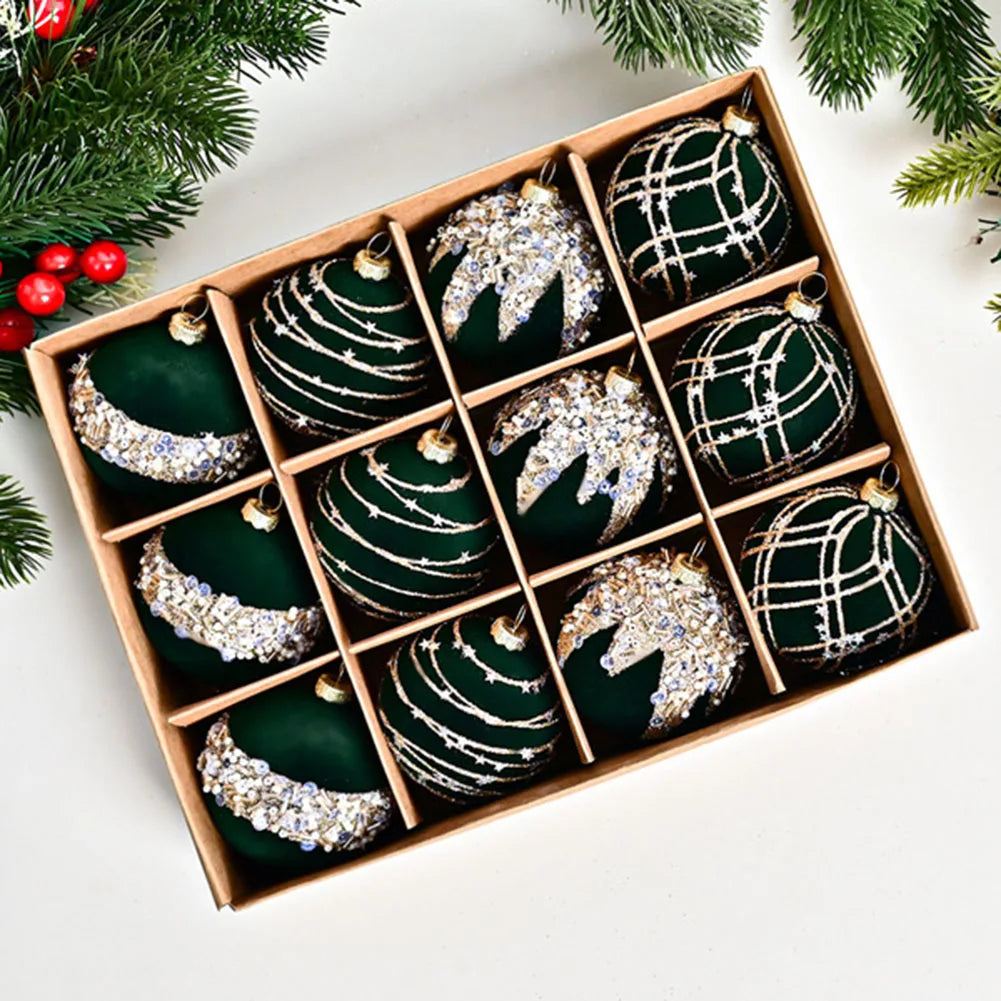 6CM 12PCS Premium Flocking Velvet Diamond Sequin Christmas Ball Window Hanging Home Christmas Decoration