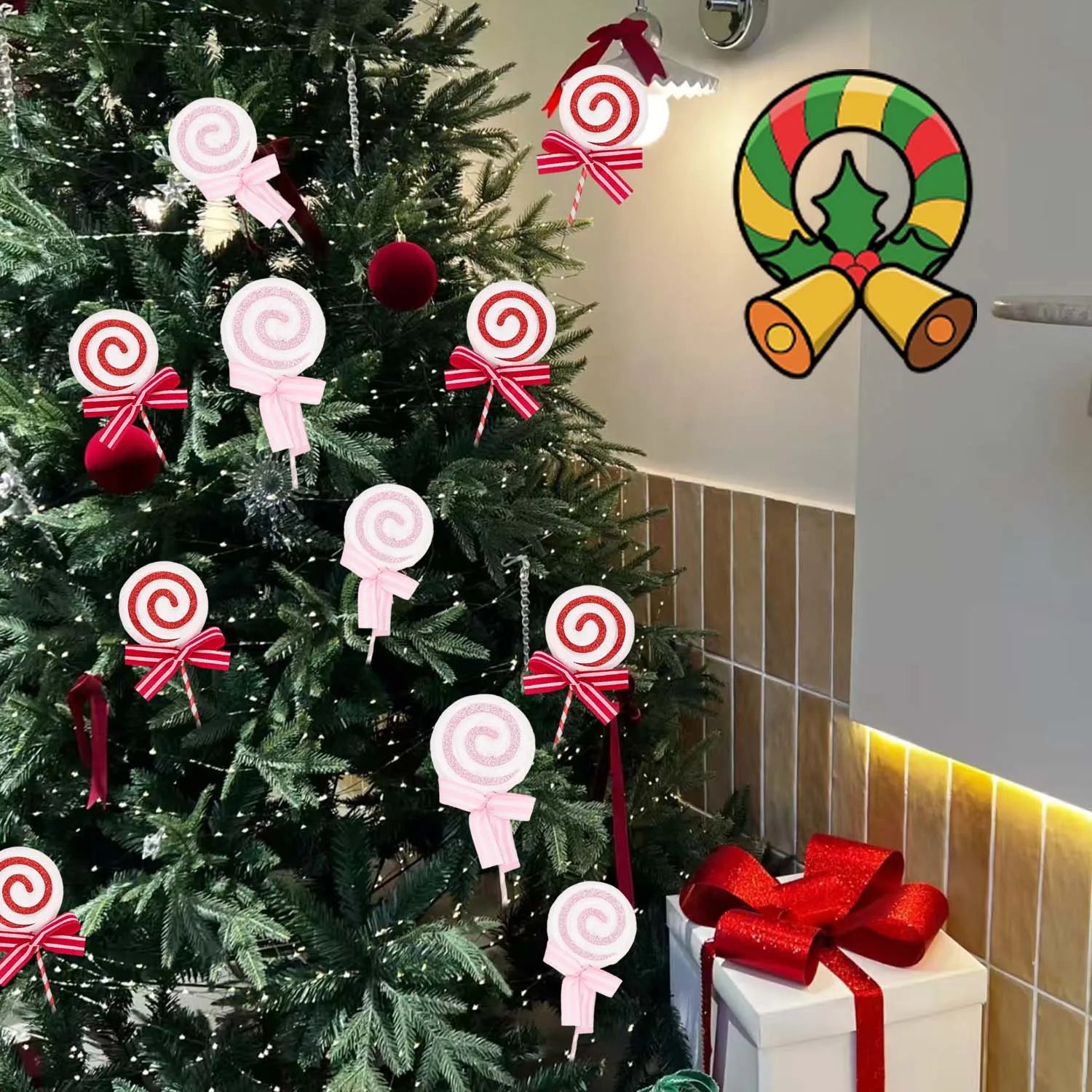 20/1x Christmas Candy Cane Ornaments Plastic Glitter Xmas Tree Hanging Pendants Twisted Crutch Candy Canes New Year Party Favors