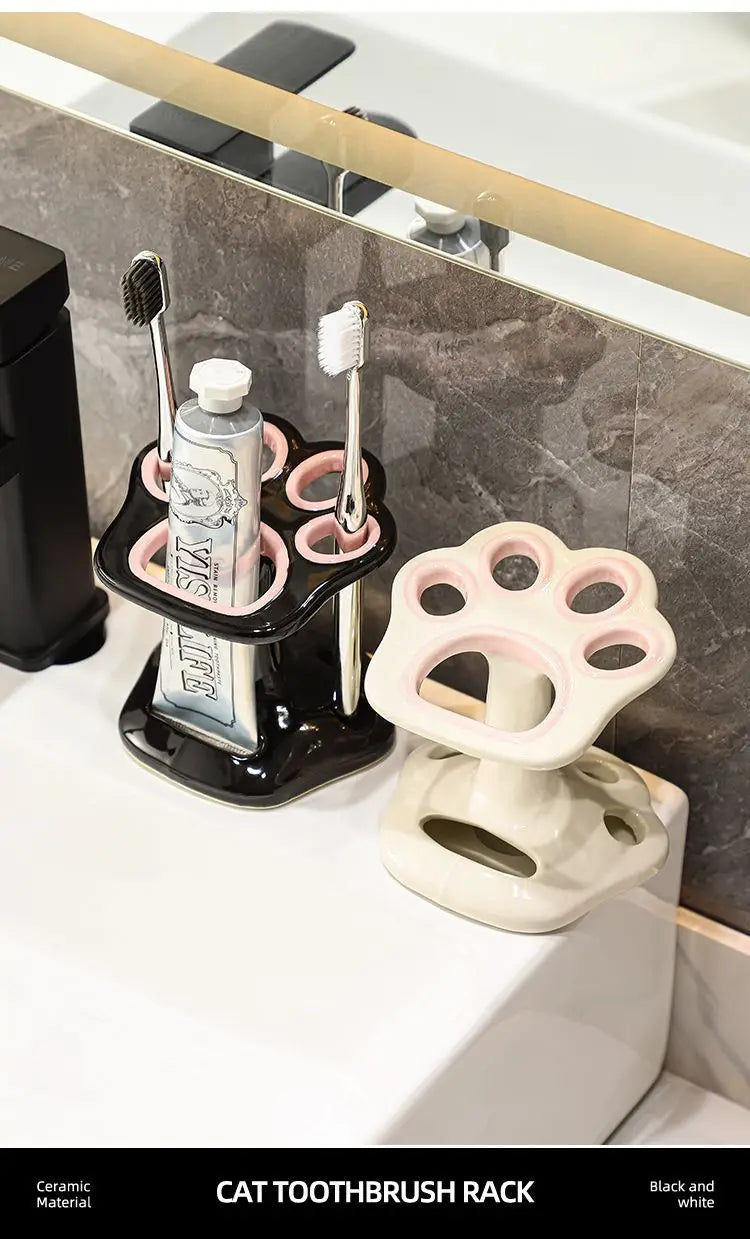 Cat Paw Shape Ceramic Toothbrush Holder Cute No Punching Toothbrush Holder Base Makeup Brush Storage Bathroom Accessories Tool