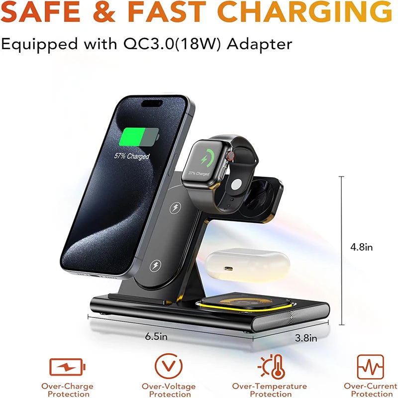300W Foldable 3 In 1 Wireless Charger Stand Pad Desktop Fast Charging Station For iPhone 16 15 14 13 Samsung Apple Watch Airpods