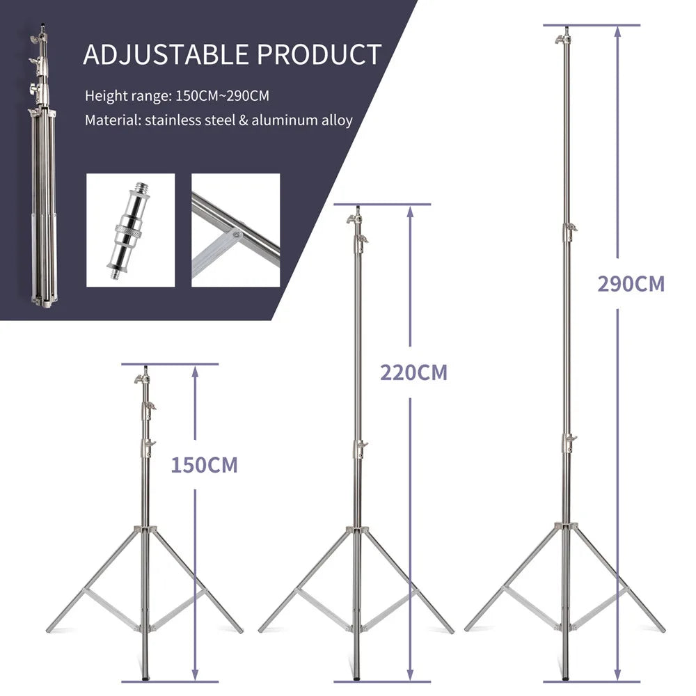 2.9M Tripod Super Stable Big Tripod Foldable Light Stand Lifting Frame Wheels Photography Softbox Photo Studio Stainless Steel