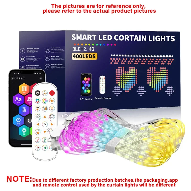 Smart Curtain Lights Bluetooth App Control RGB LED String Waterproof Fairy Light USB DIY Text Pattern Display Party Room Decor