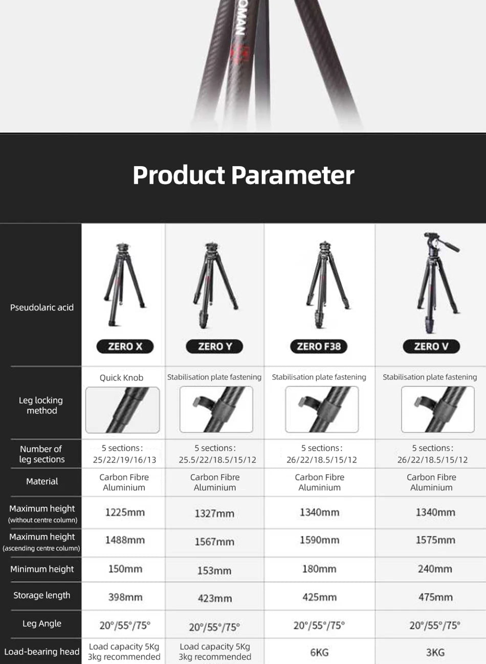 COMAN Zero Series F38 Y V Full Carbon Fiber Tripod Lightweight Travel Stand With Quick Release Plate For DSLR Camera Phone Mount