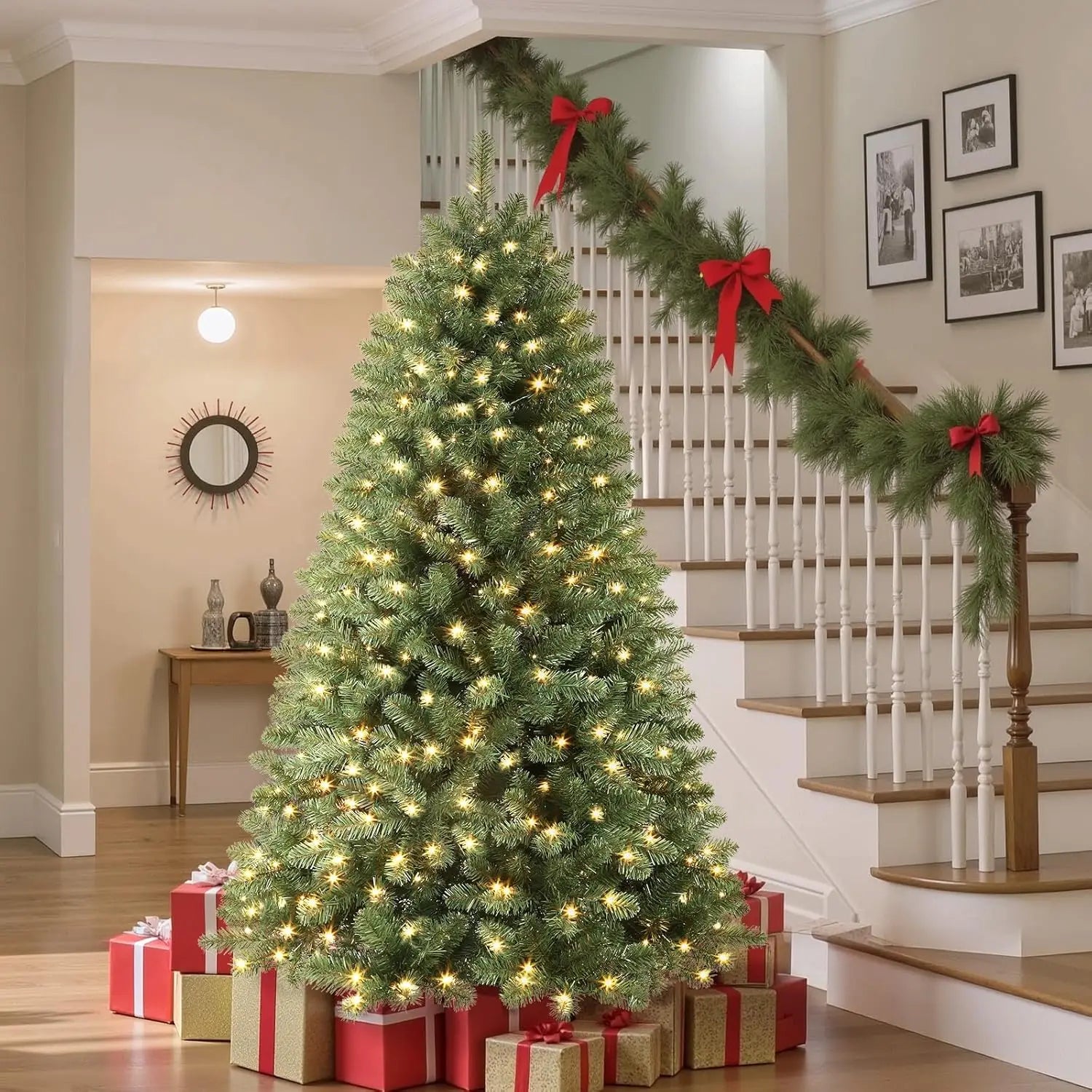7ft Prelit Premium Artificial Classic Spruce Christmas Tree, 300 Warm White & Color LED Lights, 1020 Branch Tips