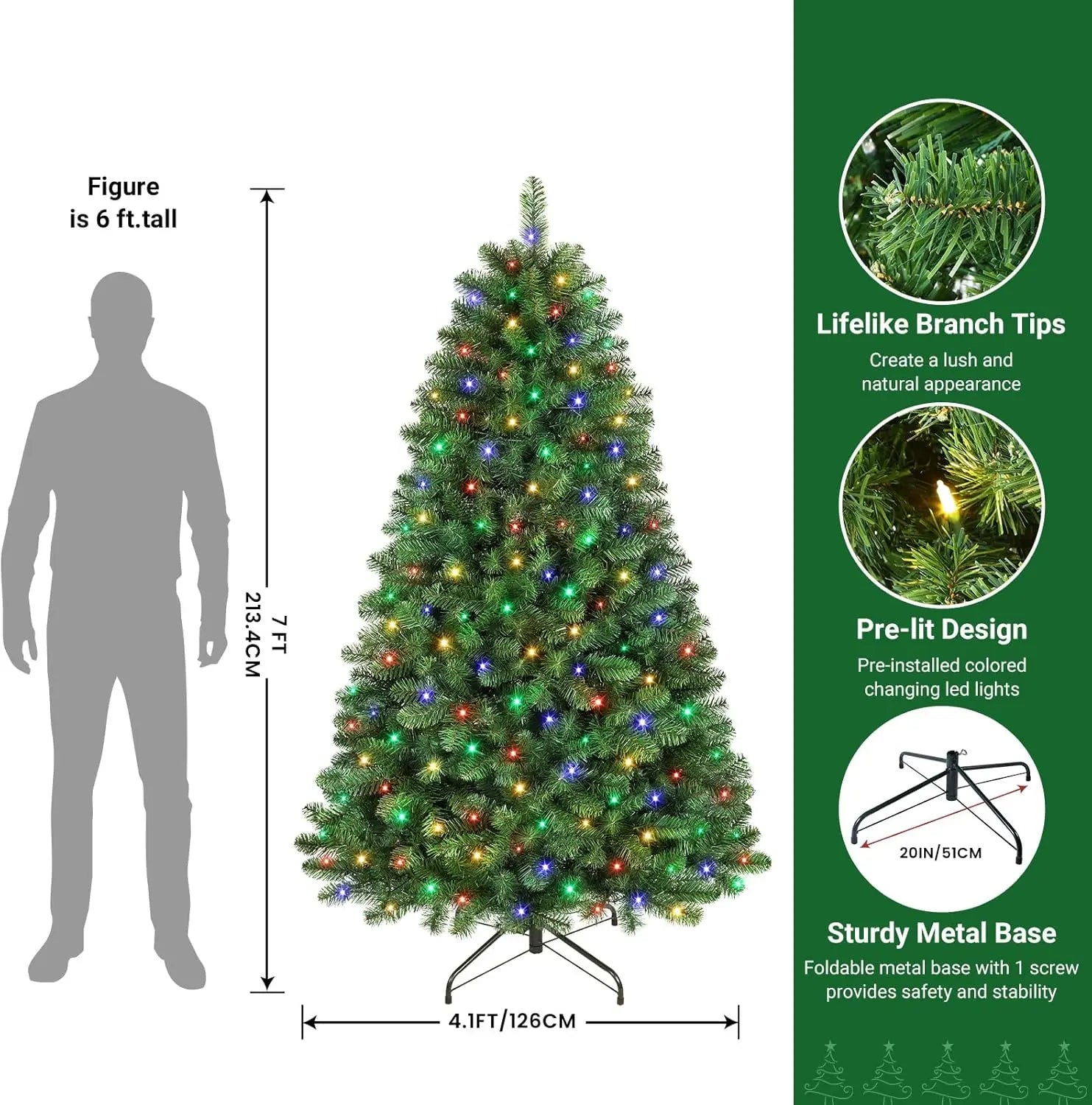7ft Prelit Premium Artificial Classic Spruce Christmas Tree, 300 Warm White & Color LED Lights, 1020 Branch Tips