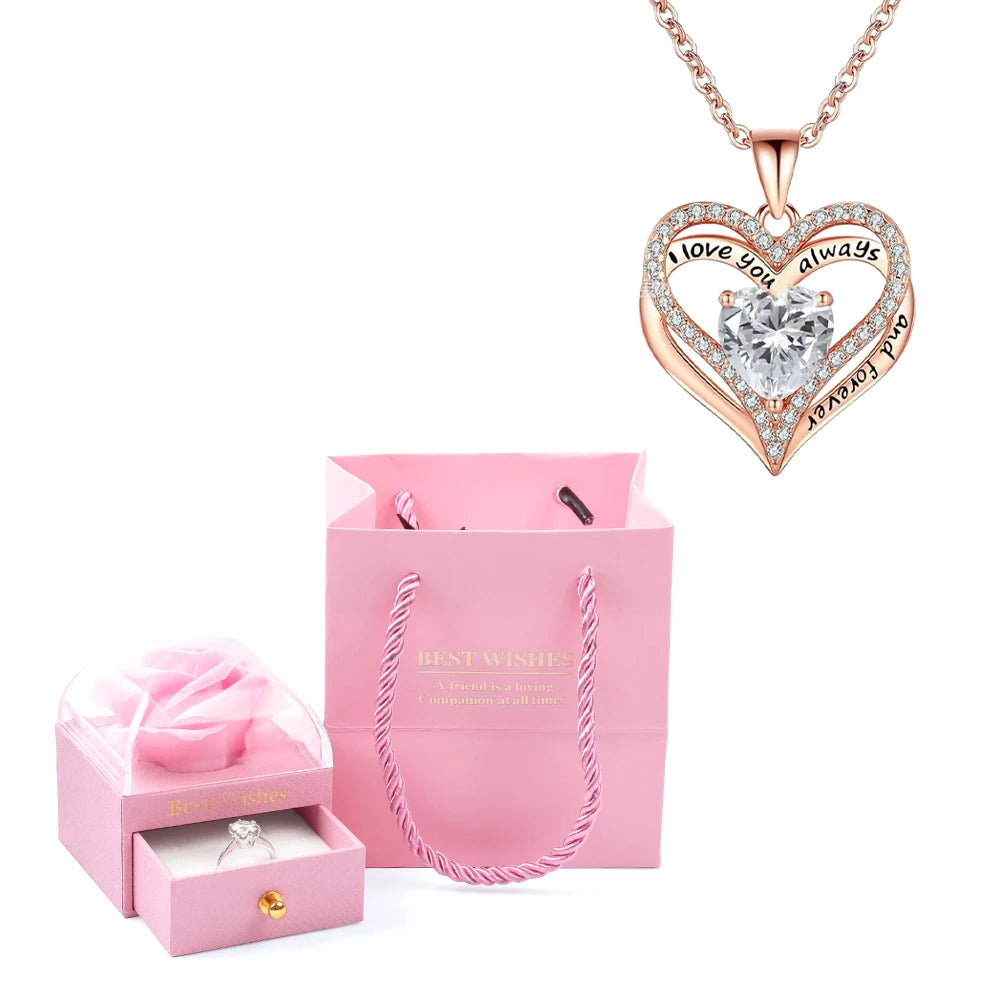 Heart Pendant Necklaces For Women With Rose Flower Gift Box Girlfriend Mother Family Birthday Fashion Romantic Surprise Gifts - You Offer