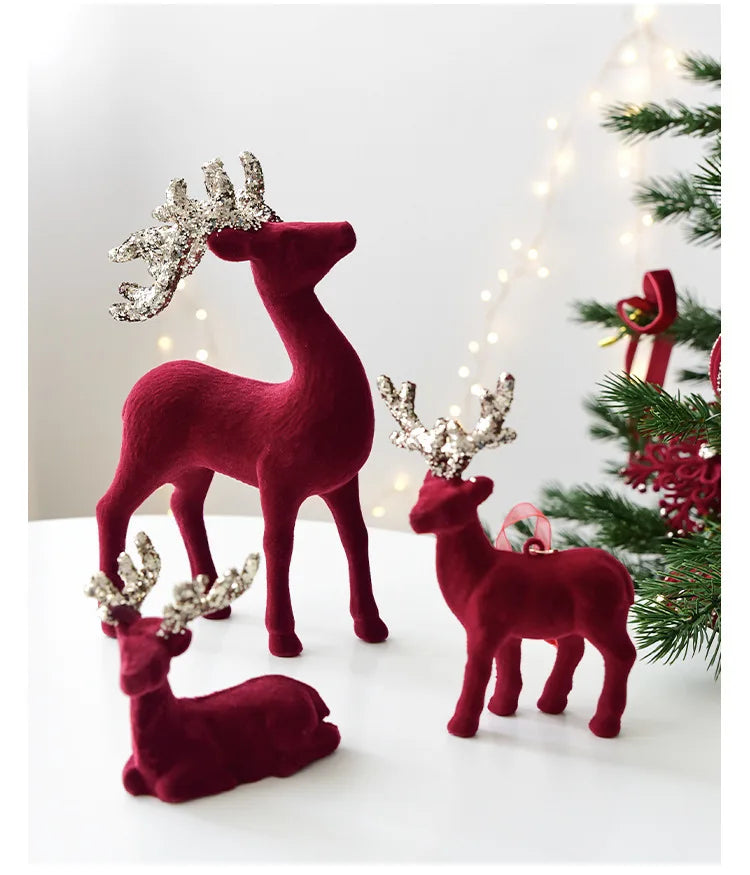 New Christmas elk glitter burgundy flocked deer ornament, Christmas tree pendant, Christmas home decoration handicraft