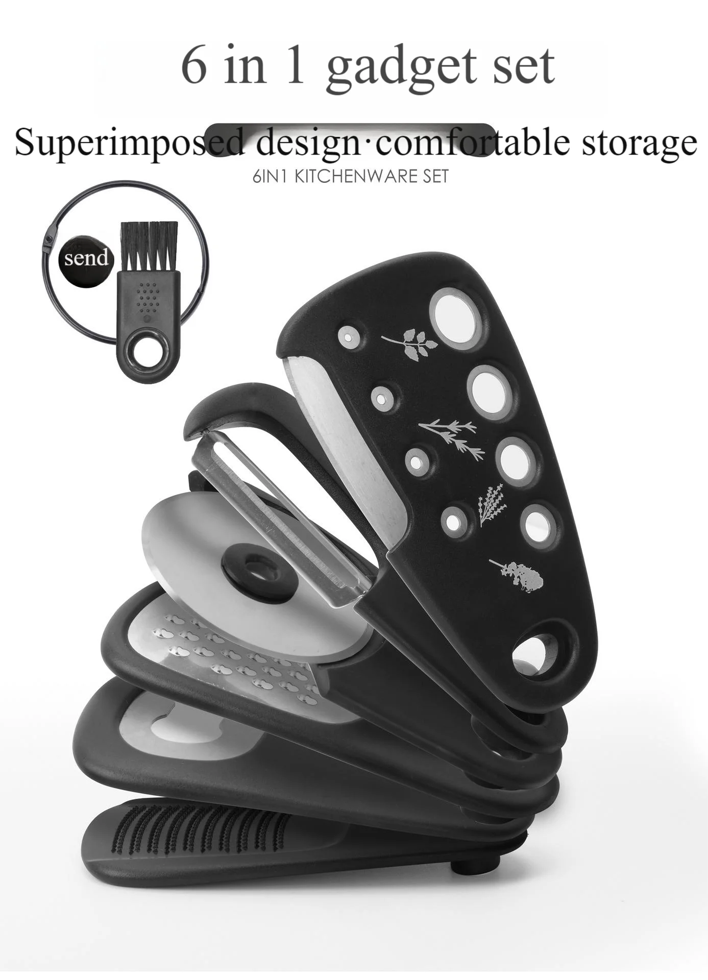 6 - in - 1 Stackable Kitchen Gadget Set | Peeler, Cheese Grater, Garlic Grinder, Bottle Opener, Pizza Cutter, Herb Cutter