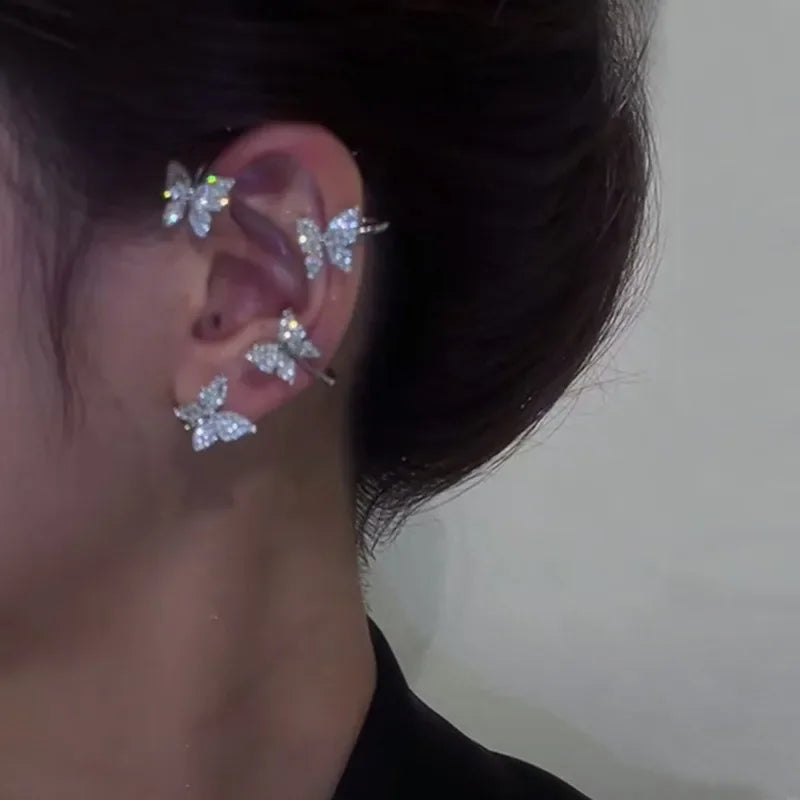 Silver Plated Metal Butterfly Ear Clips Without Piercing For Women Sparkling Zircon Ear Cuff Clip Earrings Wedding Jewelry - You Offer