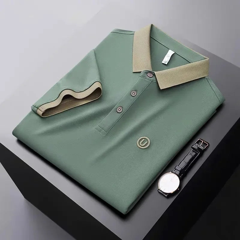 Ice silk short-sleeved T-shirt for men, new summer high-end embroidered luxurious silky quick-dry breathable polo shirt.