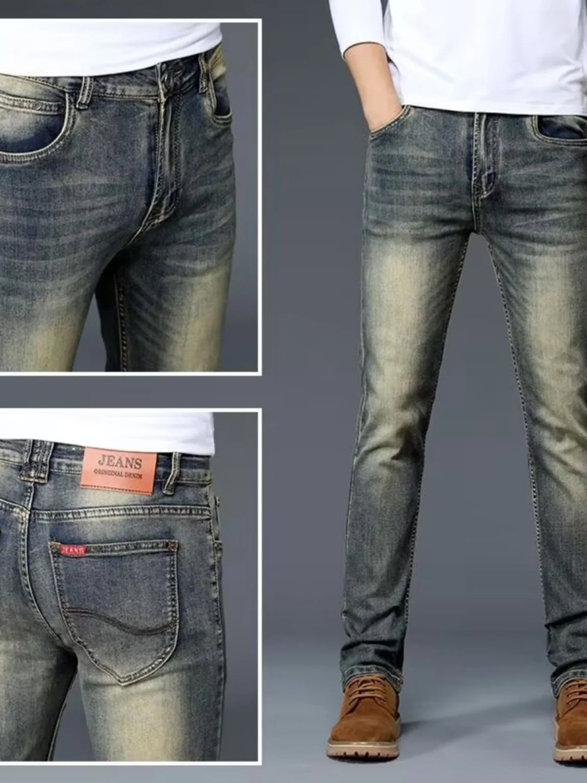 High-End Retro Men's Slim Fit Straight Leg Stretchy Faionable Jeans Spring Autumn Long Trousers Cotton Stretch Denim mid Wa...