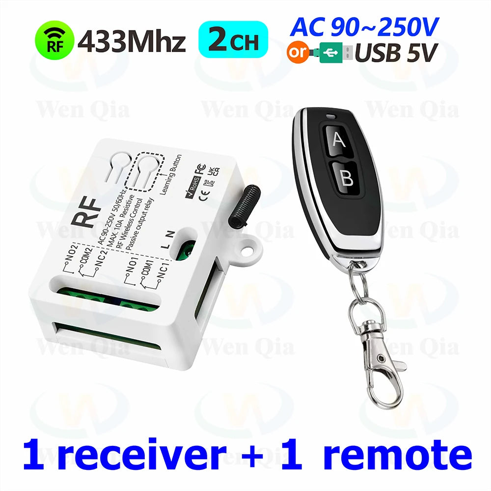 433MHz Universal Wireless Remote Control Switch 2 CH,AC 110V 220V RF Relay Receiver,for Light/Fan/Motor/Garage Door Opener etc