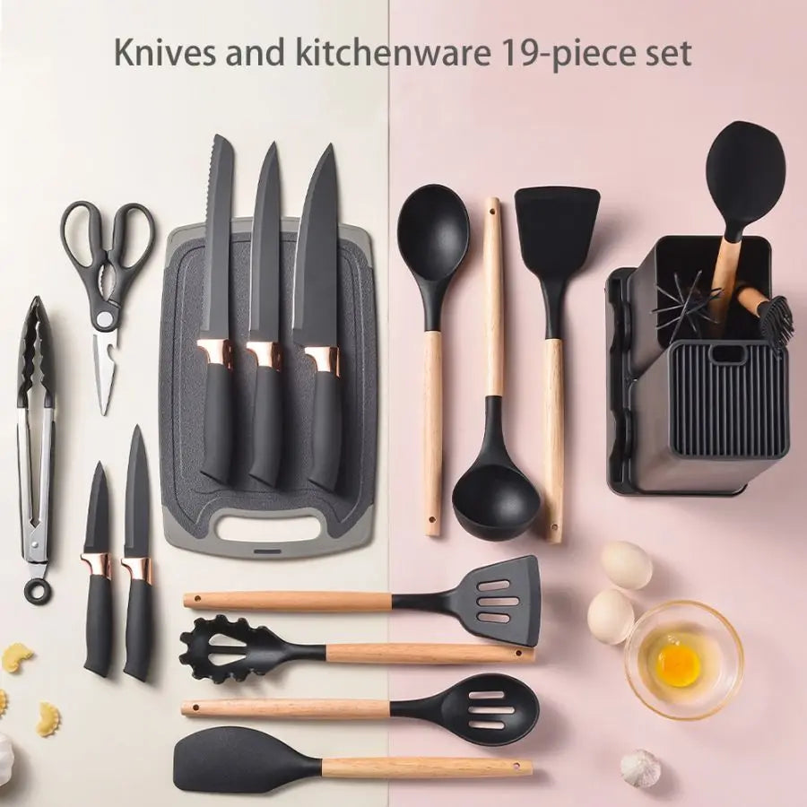 19pcs Food Grade Silicone Brodark Kitchenware Set, Cooking Spoon, Shovel, Cutting Board, Fruit Knife, Chef Knife, Combination Se - You Offer