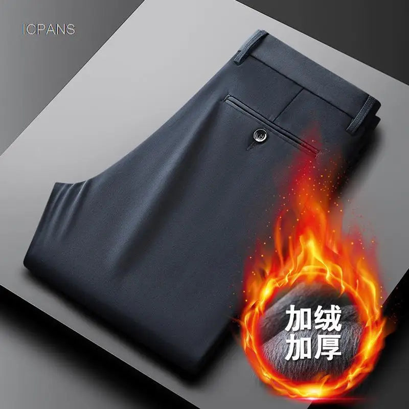 Warm Fleece Suit Pants Men Clothing Straight Regular Black Thick Winter Trousers For Men Business Formal Dress Casual Pants