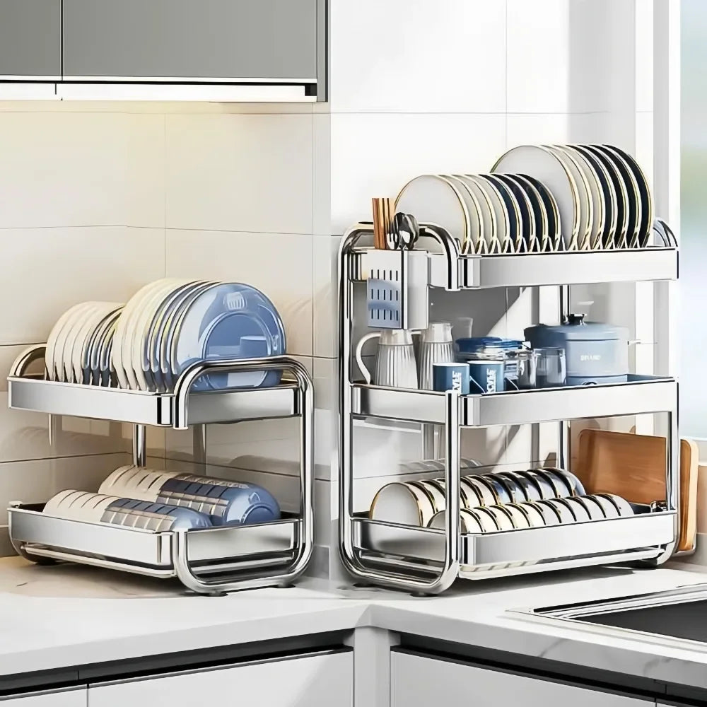 Dish Drying Rack Multifunctional Rustproof Big-capacity Bowl Storage Shelf Stainless Steel Multilayer Spacesaving Draining Shelf