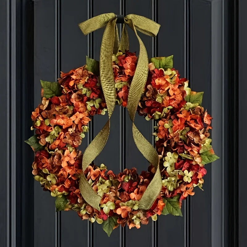1pc Elegant Autumn Hanging Wreath with Hydrangea Flowers - Classic Style, Wall-Mounted,Ideal for Thanksgiving & Home Decor