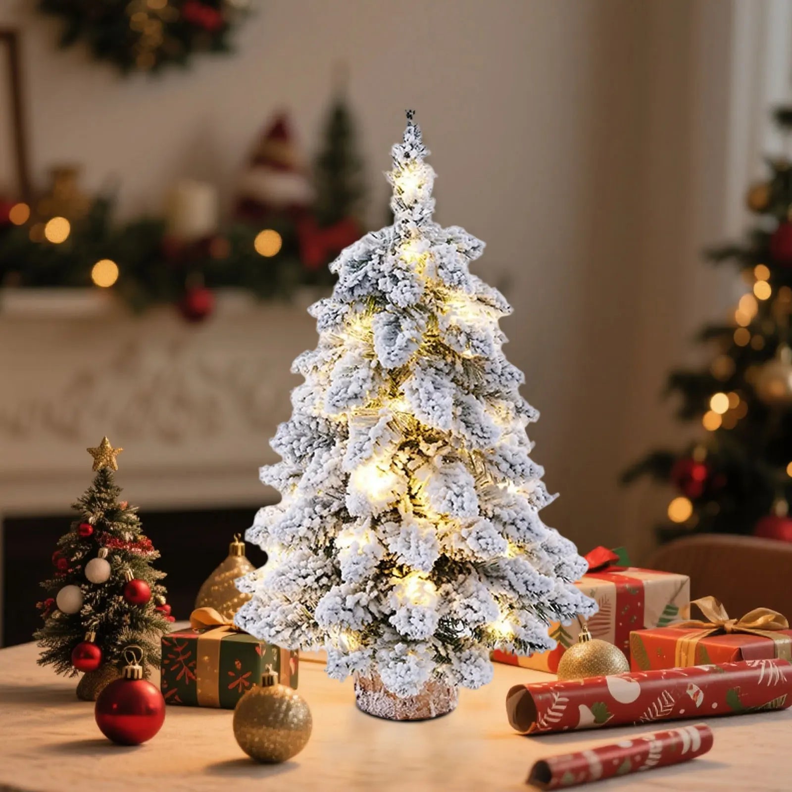 Mini Fake Christmas Tree Sculpture Snow Flocked Christmas Tree Plush Tree Enthusiast with LED Lights for Christmas Themed Partie