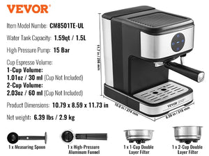 VEVOR Espresso Machine 15 Bar Coffee and Espresso Maker with Milk Frother Steam Wand Professional Semi-Automatic Latte Machine - You Offer