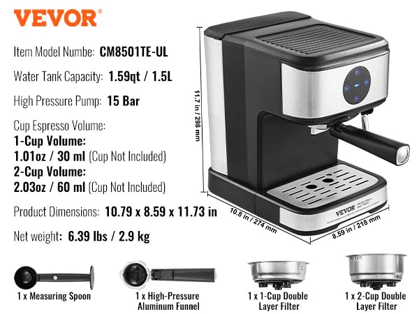 VEVOR Espresso Machine 15 Bar Coffee and Espresso Maker with Milk Frother Steam Wand Professional Semi-Automatic Latte Machine - You Offer