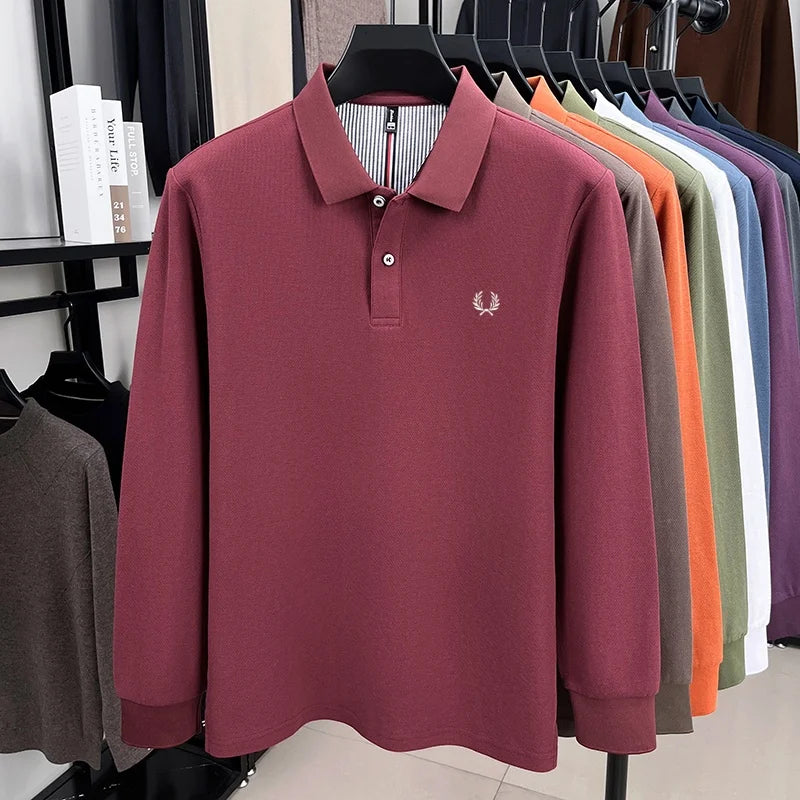100% pure cotton autumn and winter highend men POLO shirt fashion brand embroidered wheat business casual lapel long sleeved top