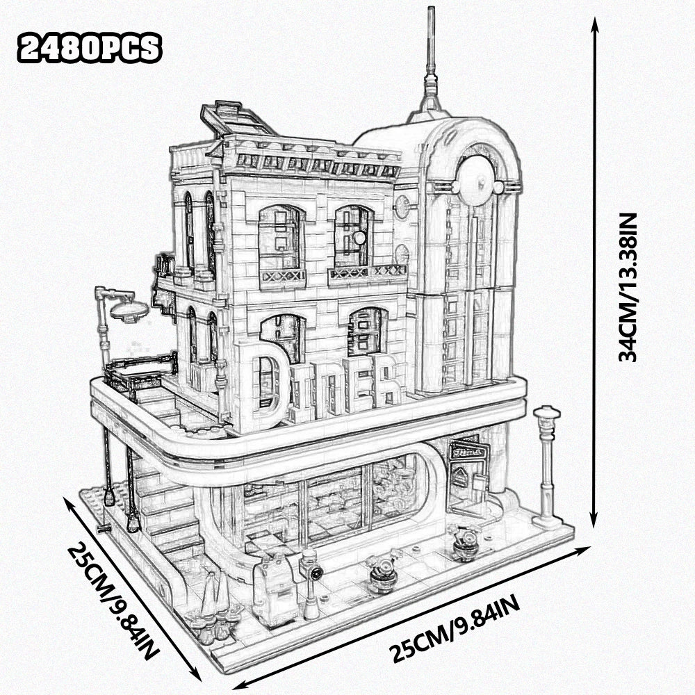 Creative Expert Brick Bank Cafe Corner Model MOC Street View House Building Blocks Toys Pet Book Shop Town Hall Downtown Diner