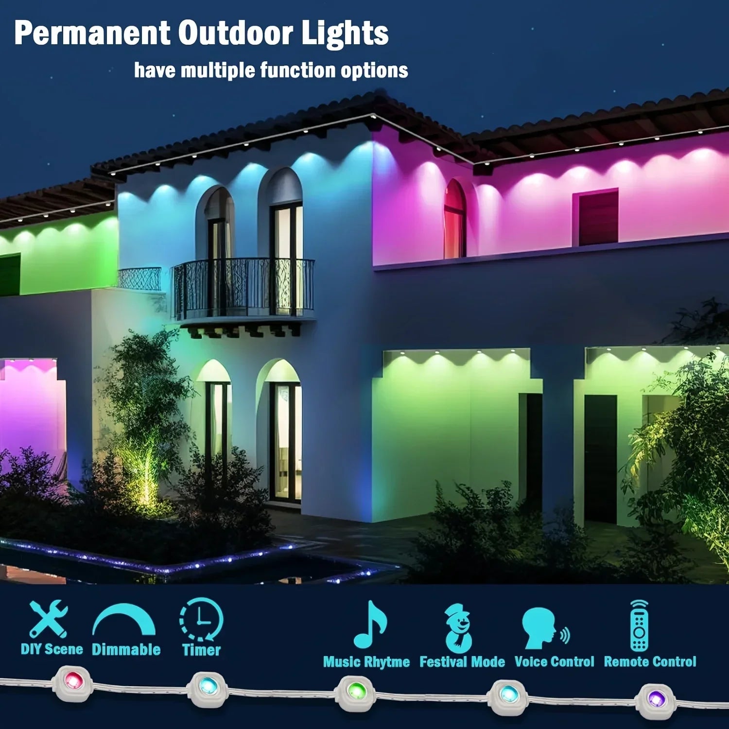100FT 60 LEDs Permanent Outdoor Lights Smart RGBIC Eaves LED Lights Festival Flashing Lighting Fairy String  Holiday Lighting