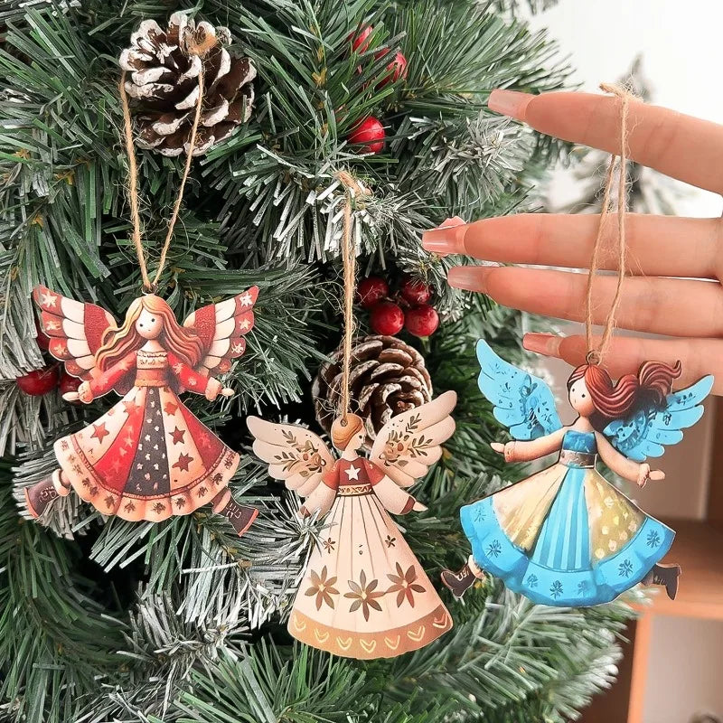 4/40pcs Christmas Tree Hanging Pendant Angels Doll Pendant Wooden Angels Decorations for Christmas Party New Year Wedding Decor