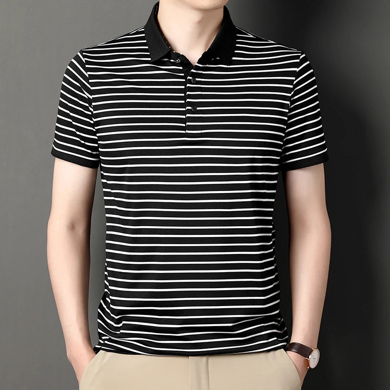 2026 Men's New Striped Cotton Business Casual Short Sleeved POLO Shirt Fashion Short Sleeved Comfortable and Breathable Top