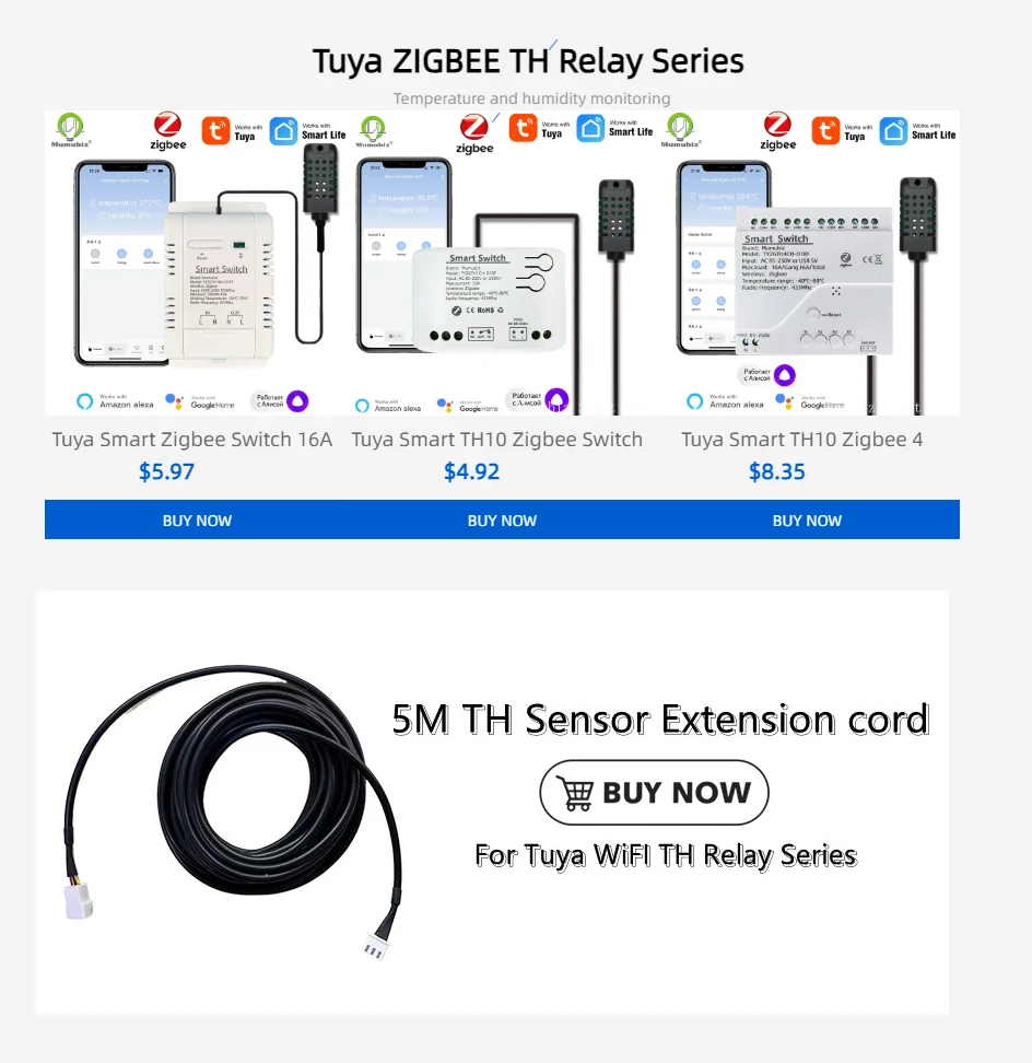 Tuya Smart TH10 Zigbee 4 Channel Switch with Temperature and Humidity Sensor Passive Dry Contact Zigbee Relay Work with Alexa