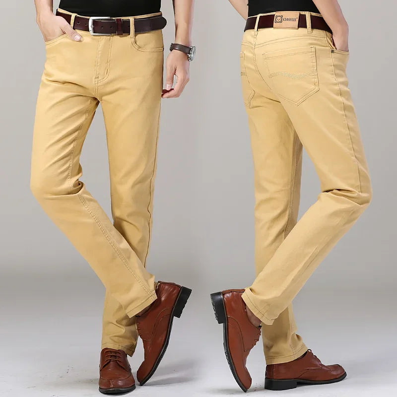 Men's Jeans Pure White Fashion Elastic Slim Youth Slimming Straight Leg Male Pants Business Casual Middle Age High End Trousers - You Offer