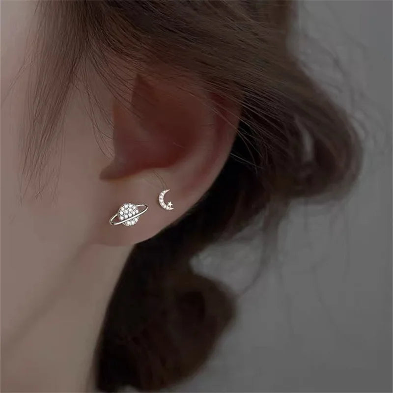 Simple Zircon Star Moon Planet Stud Earrings for Women Gold/Silver Color Asymmetry Ear Pendants Fashion Jewelry - You Offer