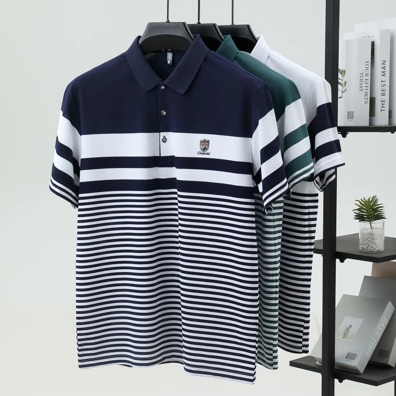 High quality fashion striped short sleeve polo shirt men's luxury brand embossed design summer new breathable T-shirt golf top