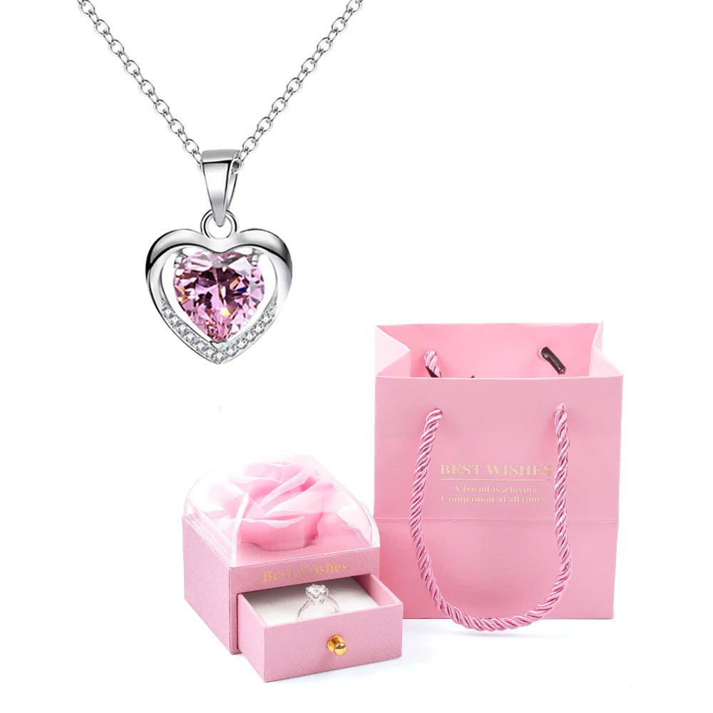 Heart Pendant Necklaces For Women With Rose Flower Gift Box Girlfriend Mother Family Birthday Fashion Romantic Surprise Gifts - You Offer