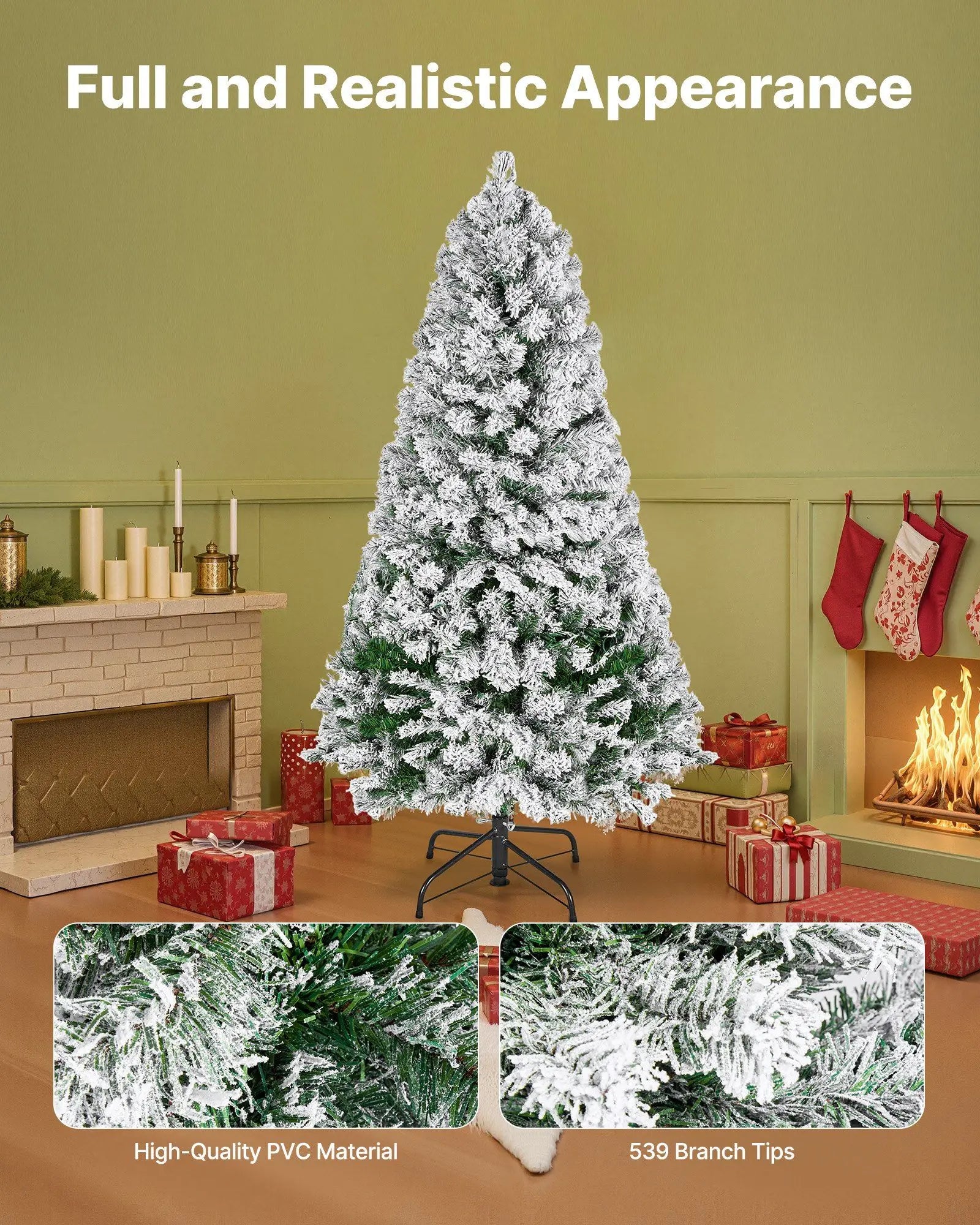 4ft Prelit Flocked Christmas Tree with 120 Warm White LEDs & 8 Modes, Full Artificial Xmas Tree for Home Office Party Decor