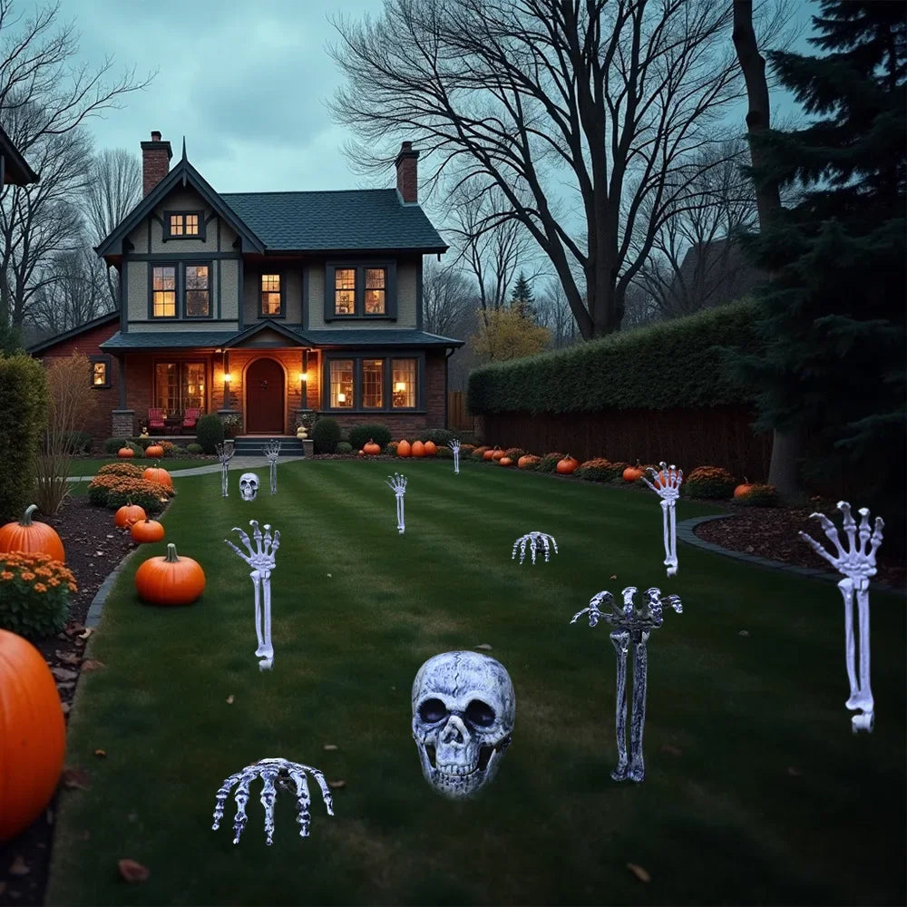 Halloween decor Skeleton Stakes Halloween Realistic Skull Skeleton Head Human Hand Arms for Halloween Party Home Garden Lawn