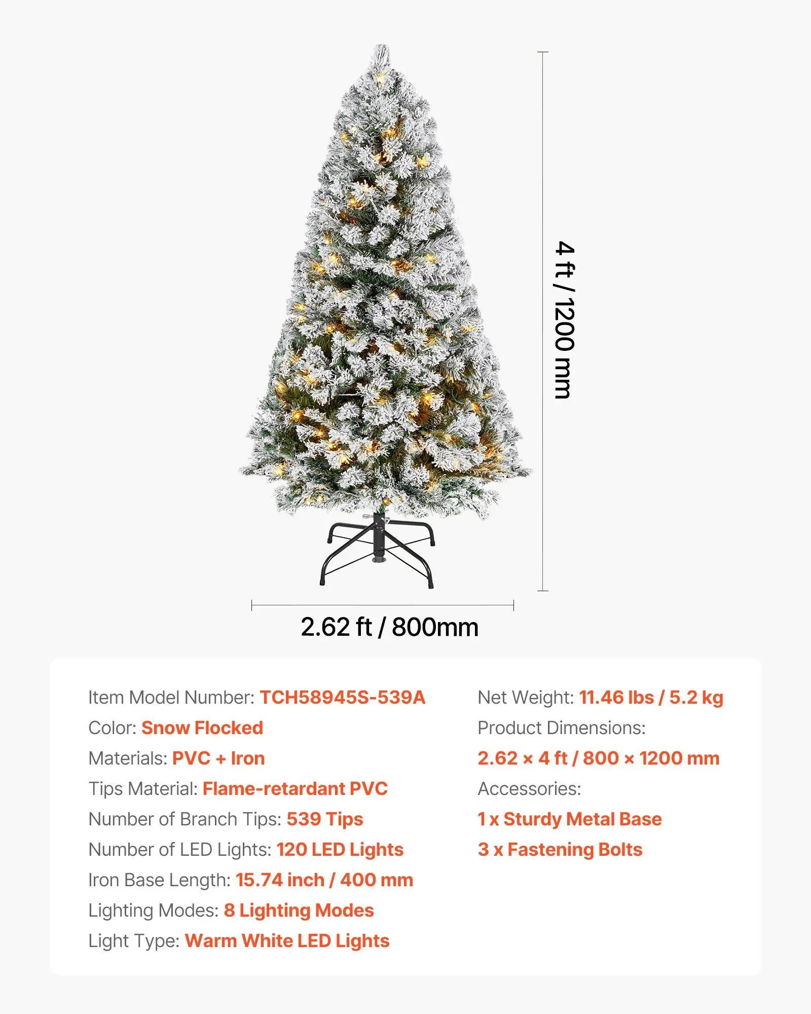 4ft Prelit Flocked Christmas Tree with 120 Warm White LEDs & 8 Modes, Full Artificial Xmas Tree for Home Office Party Decor