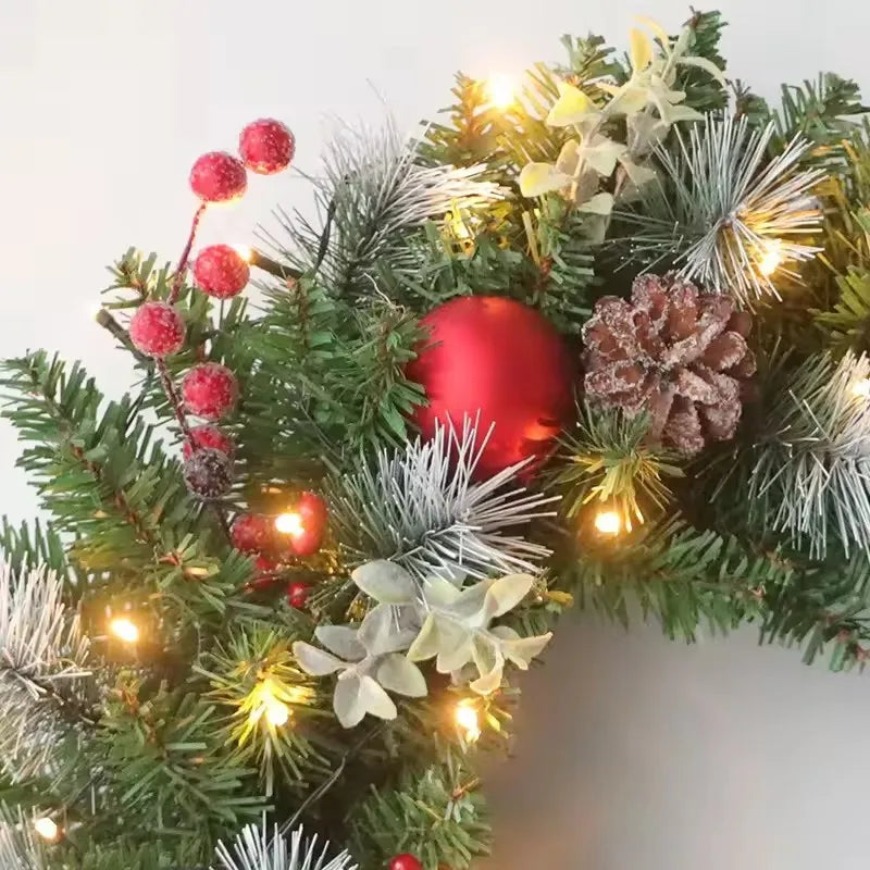 20-60cm Christmas Wreath with LED Fairy Light Door Hanging Garland Pine for Home Decorations Xmas Party Supplies Happy New Year