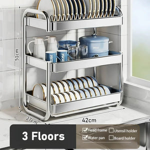 Dish Drying Rack Multifunctional Rustproof Big-capacity Bowl Storage Shelf Stainless Steel Multilayer Spacesaving Draining Shelf