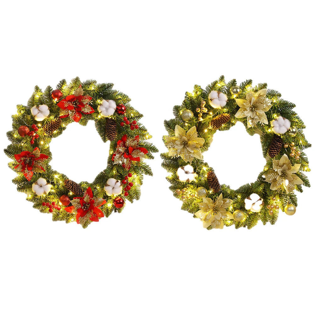 2025 Christmas Wreath with LED PVC Berry Ball Christmas Wreath Window Door Wall Ornament Decorations Home Halloween Decor Gifts