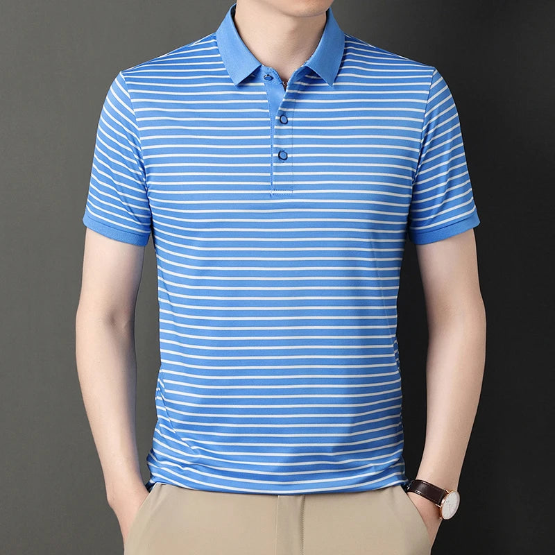 2026 Men's New Striped Cotton Business Casual Short Sleeved POLO Shirt Fashion Short Sleeved Comfortable and Breathable Top