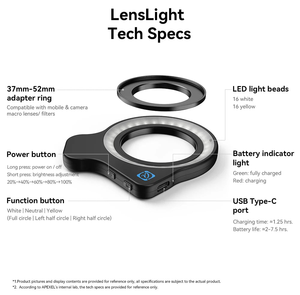 APEXEL 37mm 52mm Thread Macro Lens Fill Light,  Camera Lens Ring Light with High Power+45 Light Modes for APEXEL Macro lenses