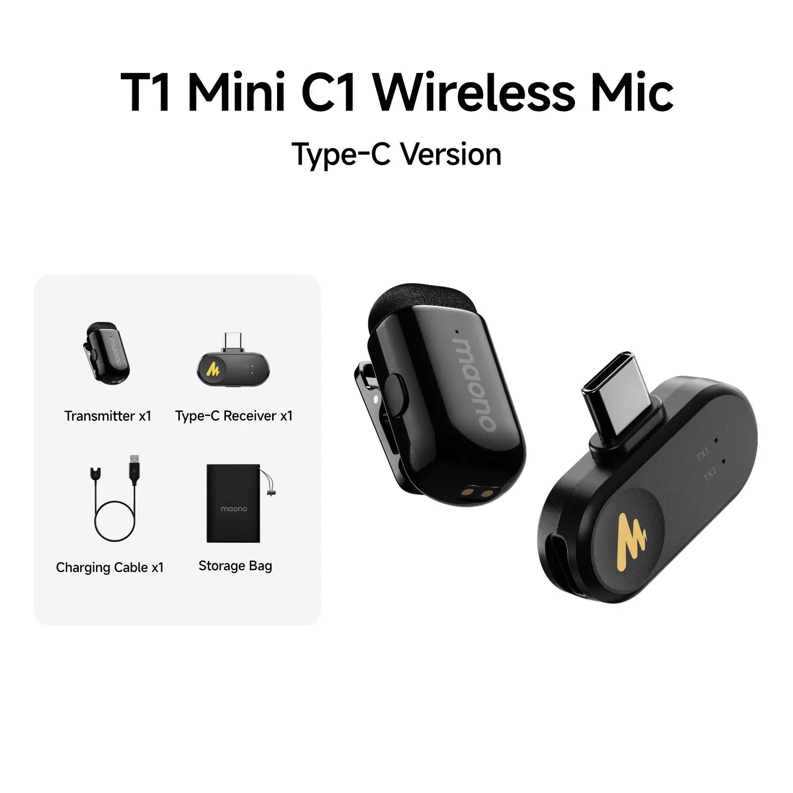 MAONO T1mini Wireless Lapel Microphonefor iPhone Android Tablet PC with Noise Cancellation App Setting for Audio Video Recording