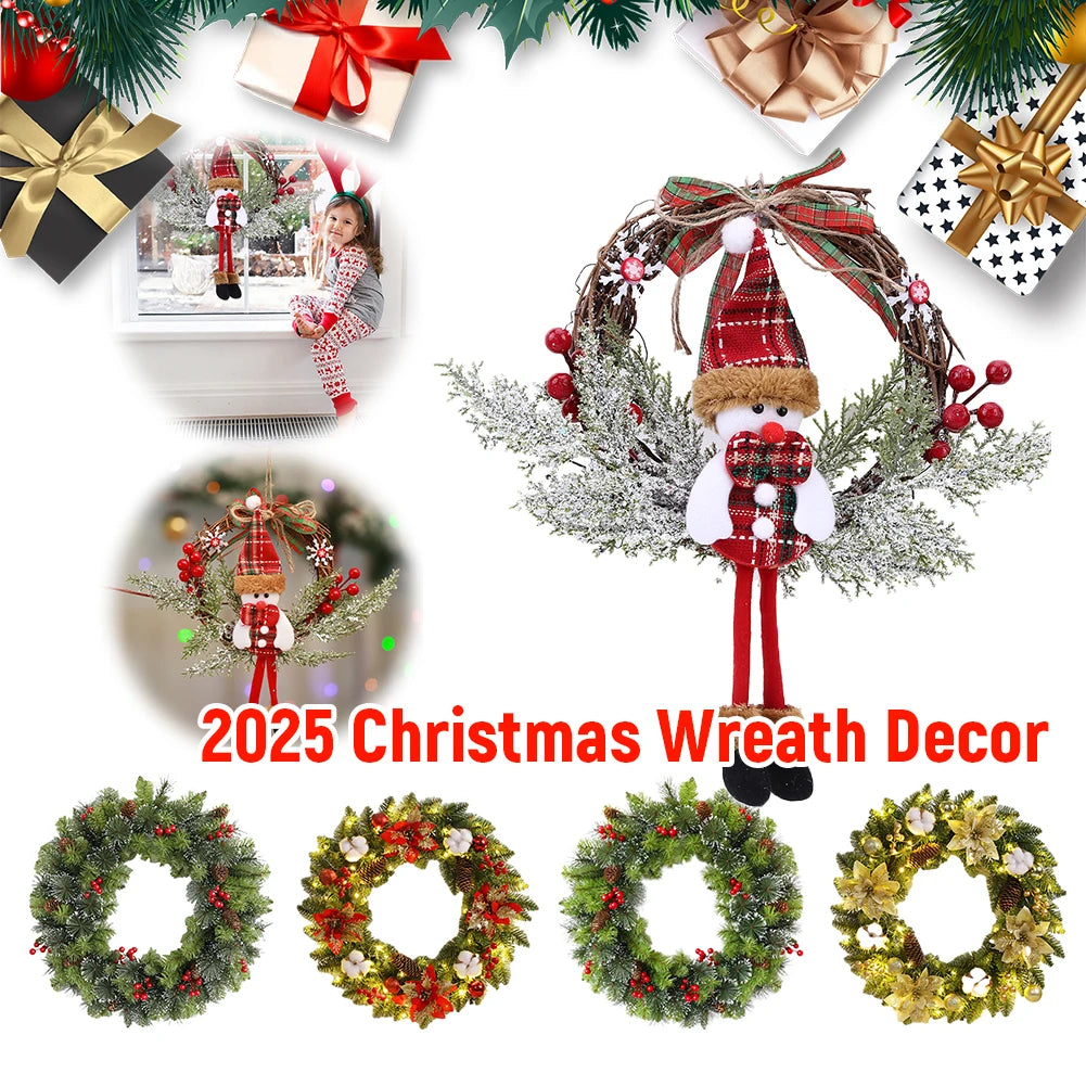 2025 Christmas Wreath with LED PVC Berry Ball Christmas Wreath Window Door Wall Ornament Decorations Home Halloween Decor Gifts
