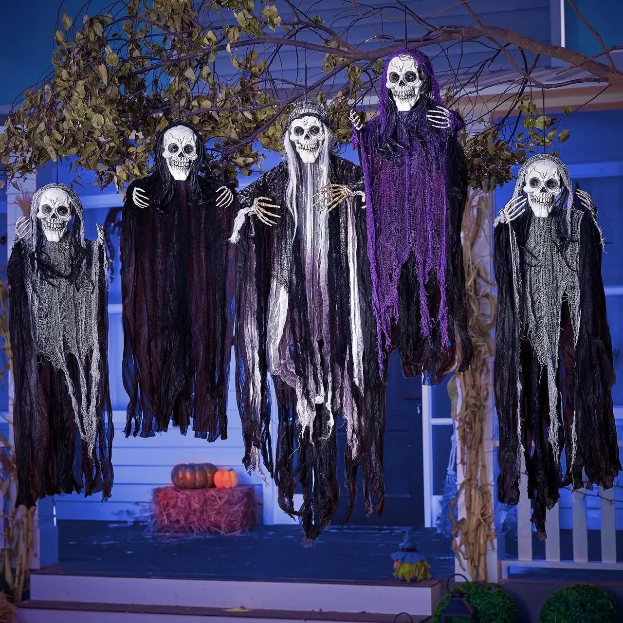 Hanging Halloween SkeletonGhosts Decorations Grim Reapers for Halloween Outdoor Halloween Sound Control Light Up Ghost