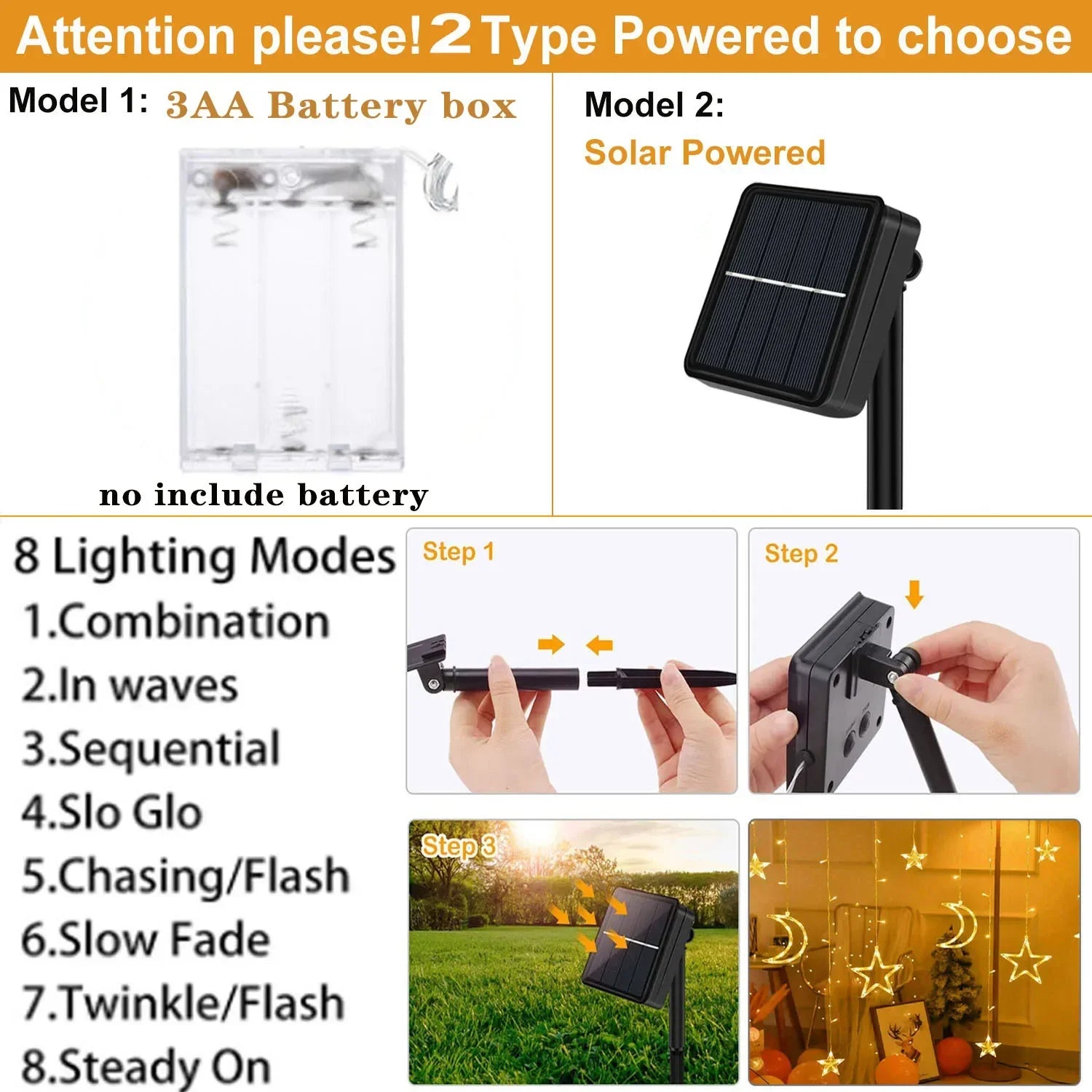 3.5m Star Moon LED Curtain String Light Solar/Battery Power Christmas Garland Fairy Lamp for Outdoor Garden Xmas NewYear Decor