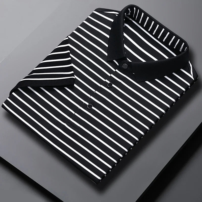 2026 Men's New Striped Cotton Business Casual Short Sleeved POLO Shirt Fashion Short Sleeved Comfortable and Breathable Top