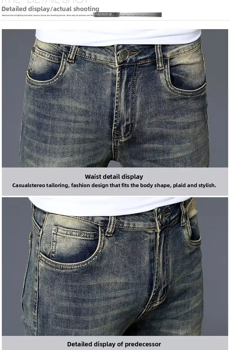 High-End Retro Men's Slim Fit Straight Leg Stretchy Faionable Jeans Spring Autumn Long Trousers Cotton Stretch Denim mid Wa...